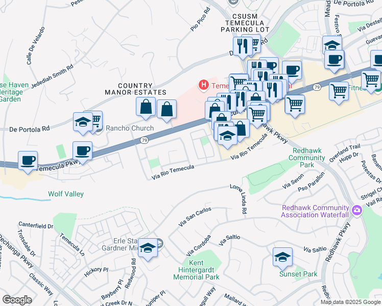 map of restaurants, bars, coffee shops, grocery stores, and more near 44682 Arbor Lane in Temecula