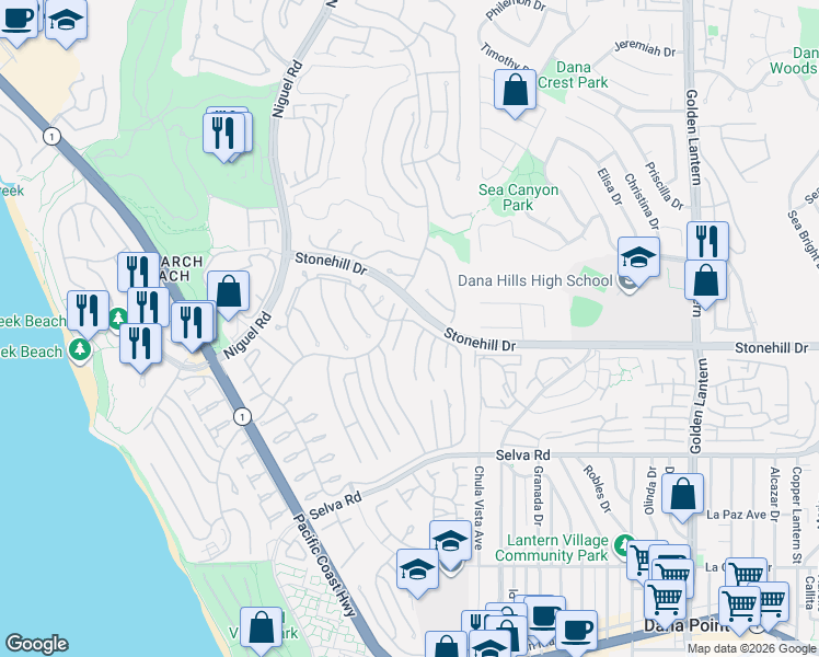 map of restaurants, bars, coffee shops, grocery stores, and more near 33471 Spinnaker Drive North in Dana Point