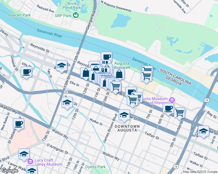 map of restaurants, bars, coffee shops, grocery stores, and more near 1026 Broad Street in Augusta