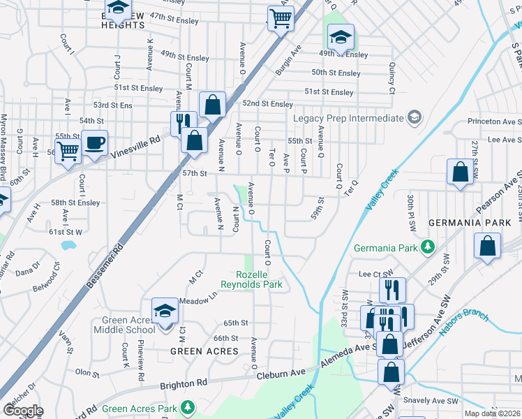 map of restaurants, bars, coffee shops, grocery stores, and more near 1437 58th Street Ensley in Birmingham