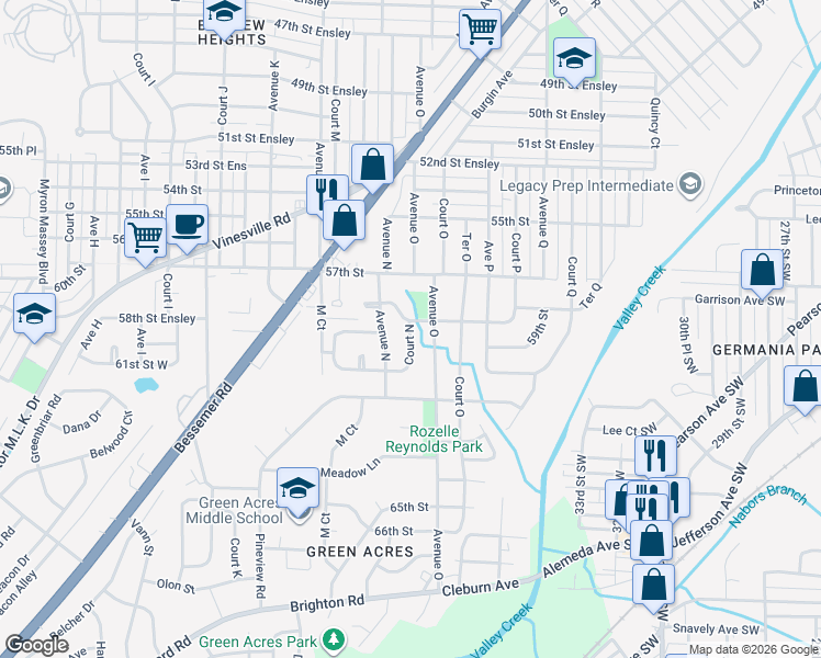 map of restaurants, bars, coffee shops, grocery stores, and more near 5813 Avenue North in Birmingham