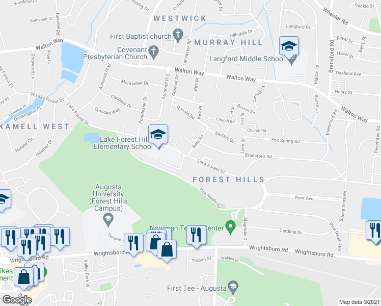 map of restaurants, bars, coffee shops, grocery stores, and more near 1234 Reid Road in Augusta