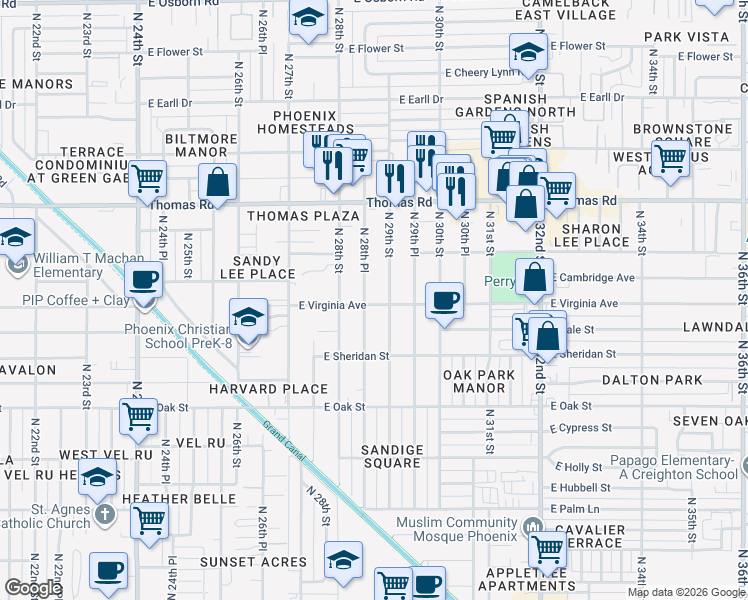map of restaurants, bars, coffee shops, grocery stores, and more near 2601 North 28th Place in Phoenix