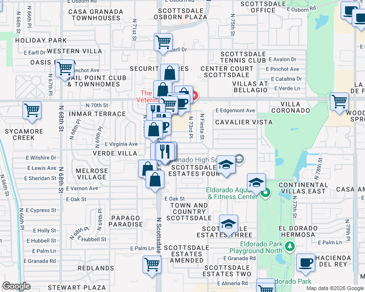 map of restaurants, bars, coffee shops, grocery stores, and more near 7243 East Virginia Avenue in Scottsdale