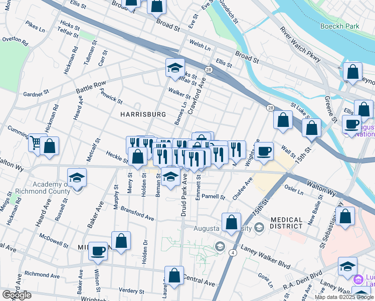 map of restaurants, bars, coffee shops, grocery stores, and more near 1735 Jenkins Street in Augusta
