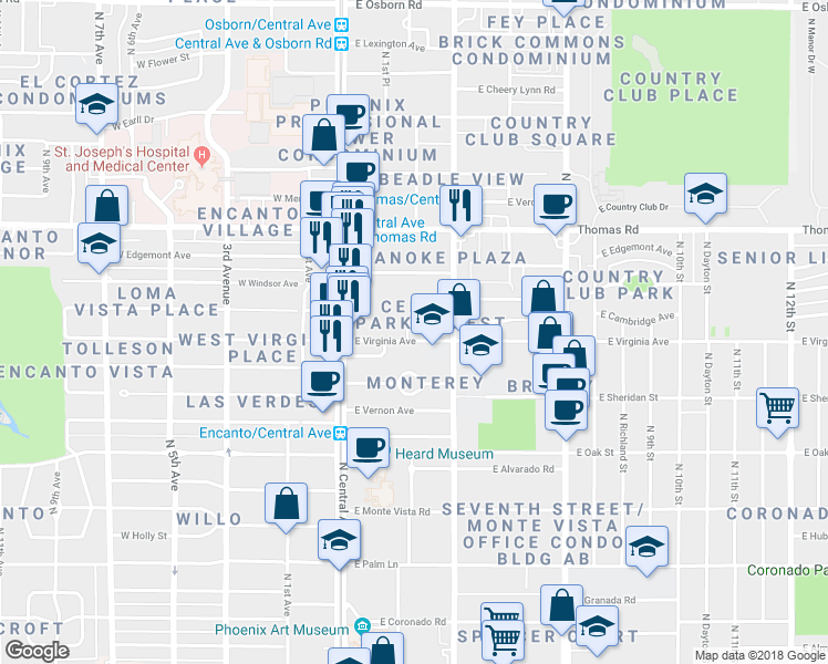 map of restaurants, bars, coffee shops, grocery stores, and more near 206 East Virginia Avenue in Phoenix