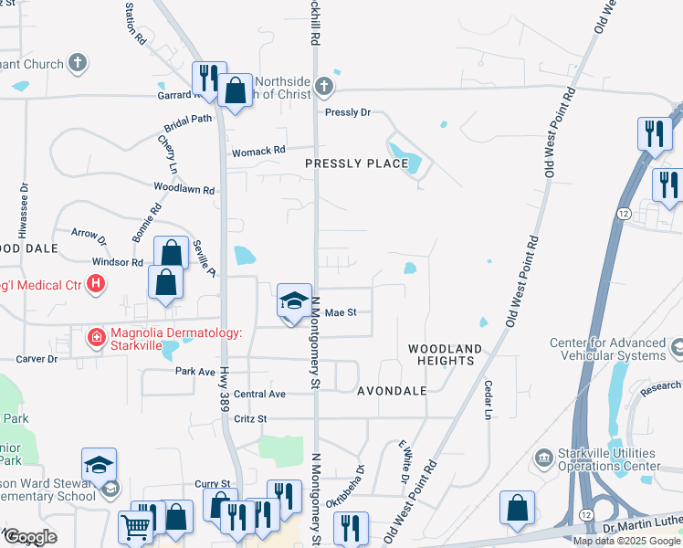 map of restaurants, bars, coffee shops, grocery stores, and more near 904 North Montgomery Street in Starkville