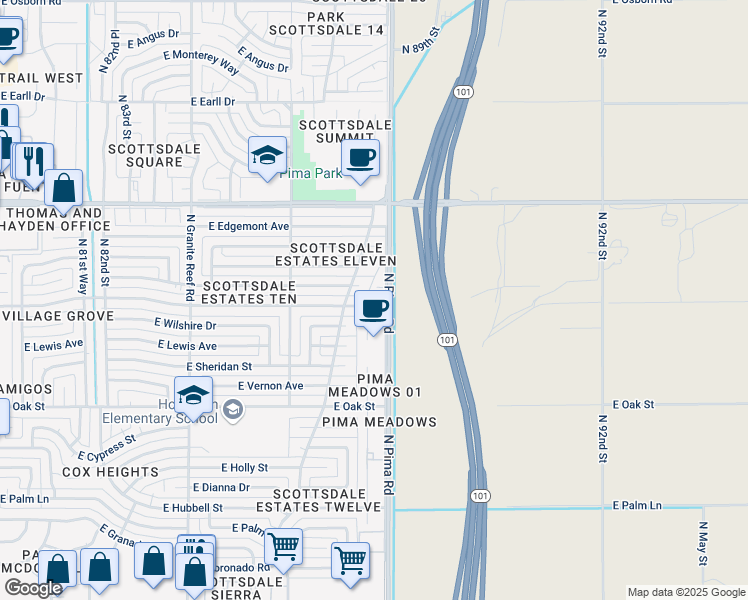 map of restaurants, bars, coffee shops, grocery stores, and more near 8726 E Virginia Ave in Scottsdale