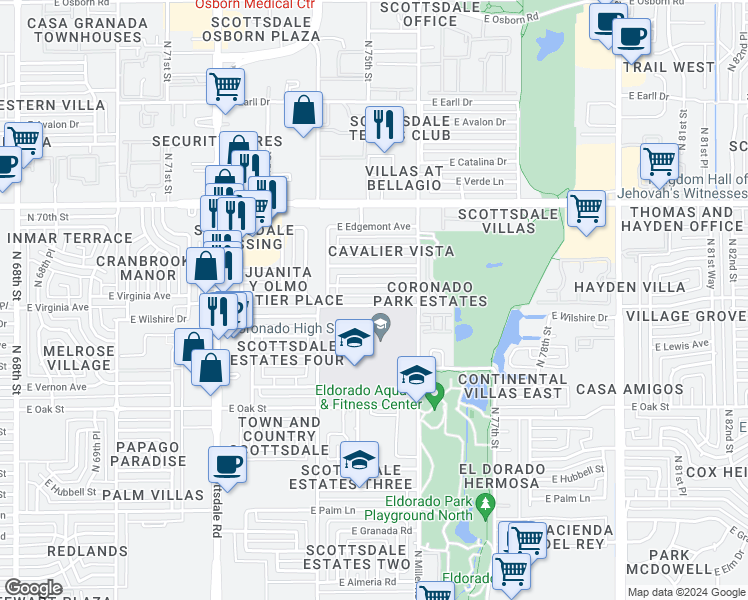 map of restaurants, bars, coffee shops, grocery stores, and more near 7502 East Virginia Avenue in Scottsdale