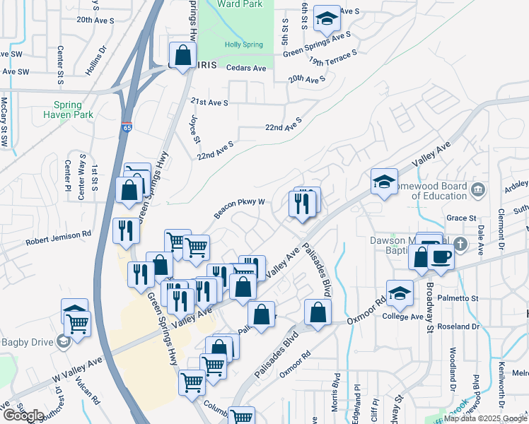 map of restaurants, bars, coffee shops, grocery stores, and more near 749 Rockford Dr in Birmingham