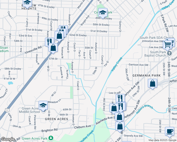 map of restaurants, bars, coffee shops, grocery stores, and more near 1613 58th Street Ensley in Birmingham