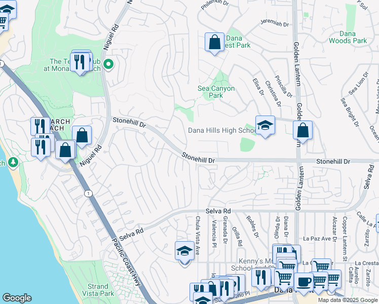 map of restaurants, bars, coffee shops, grocery stores, and more near 27 Tirremia Drive in Dana Point
