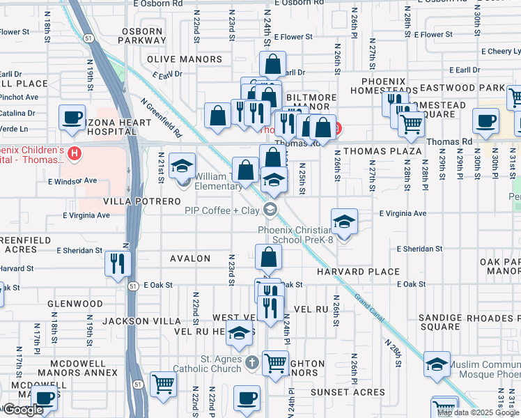 map of restaurants, bars, coffee shops, grocery stores, and more near 2705 North Greenfield Road in Phoenix