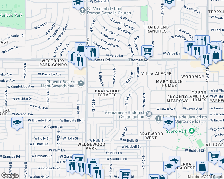 map of restaurants, bars, coffee shops, grocery stores, and more near 5005 West Cambridge Avenue in Phoenix