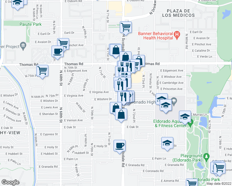map of restaurants, bars, coffee shops, grocery stores, and more near 2541 North 71st Place in Scottsdale