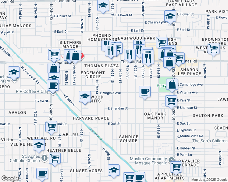 map of restaurants, bars, coffee shops, grocery stores, and more near 2802 East Virginia Avenue in Phoenix