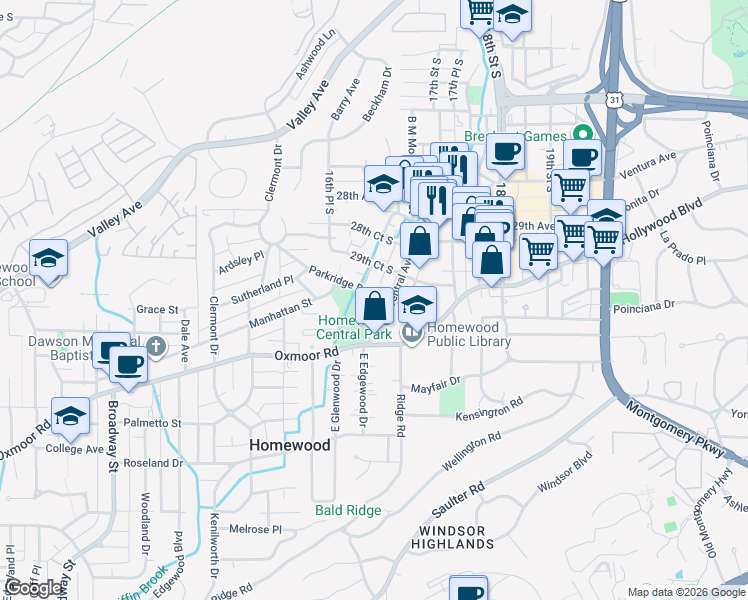 map of restaurants, bars, coffee shops, grocery stores, and more near 3130 Parkridge Drive in Birmingham