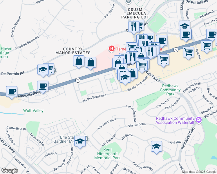 map of restaurants, bars, coffee shops, grocery stores, and more near 44666 Arbor Lane in Temecula