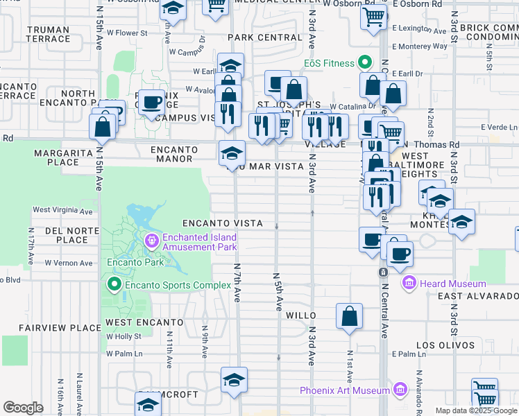 map of restaurants, bars, coffee shops, grocery stores, and more near 522 West Virginia Avenue in Phoenix