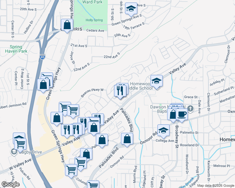 map of restaurants, bars, coffee shops, grocery stores, and more near 931 Beacon Parkway East in Birmingham