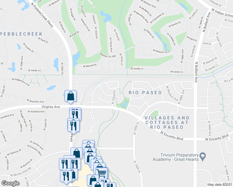 map of restaurants, bars, coffee shops, grocery stores, and more near 2775 North 152nd Drive in Goodyear