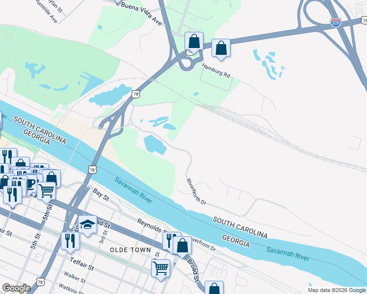 map of restaurants, bars, coffee shops, grocery stores, and more near 191 RiverNorth Drive in North Augusta
