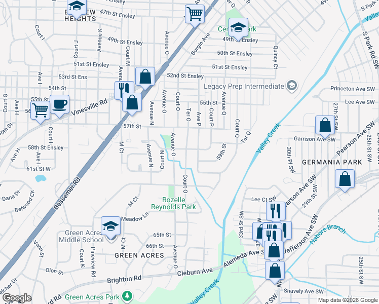 map of restaurants, bars, coffee shops, grocery stores, and more near 1525 58th Street Ensley in Birmingham