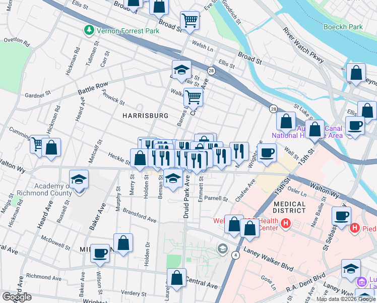 map of restaurants, bars, coffee shops, grocery stores, and more near 1735 Jenkins Street in Augusta