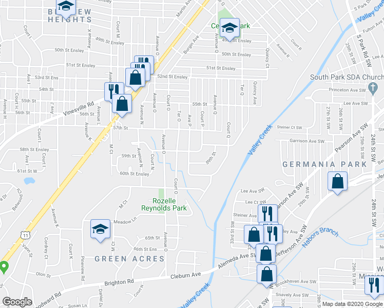 map of restaurants, bars, coffee shops, grocery stores, and more near 5801 Avenue P in Birmingham
