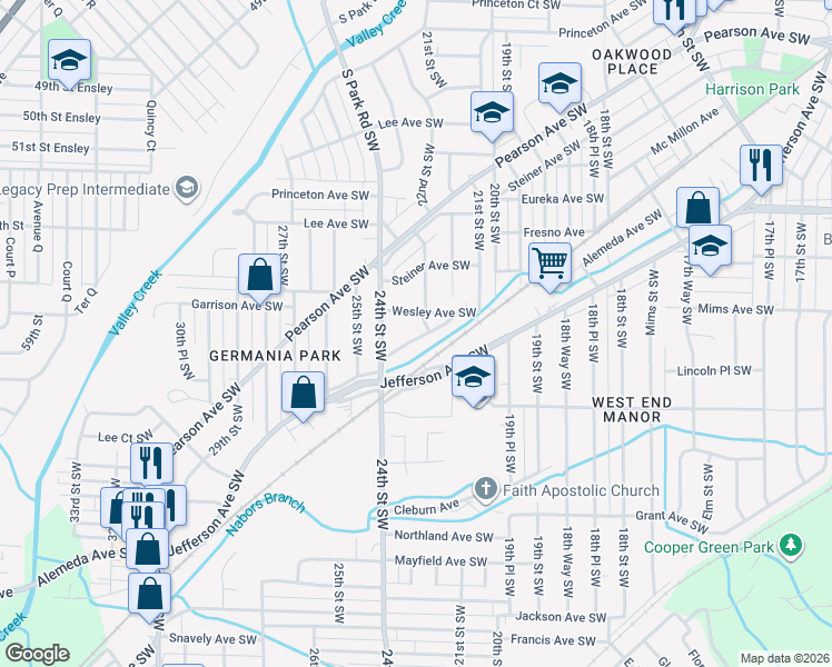 map of restaurants, bars, coffee shops, grocery stores, and more near 2308 Beulah Avenue Southwest in Birmingham