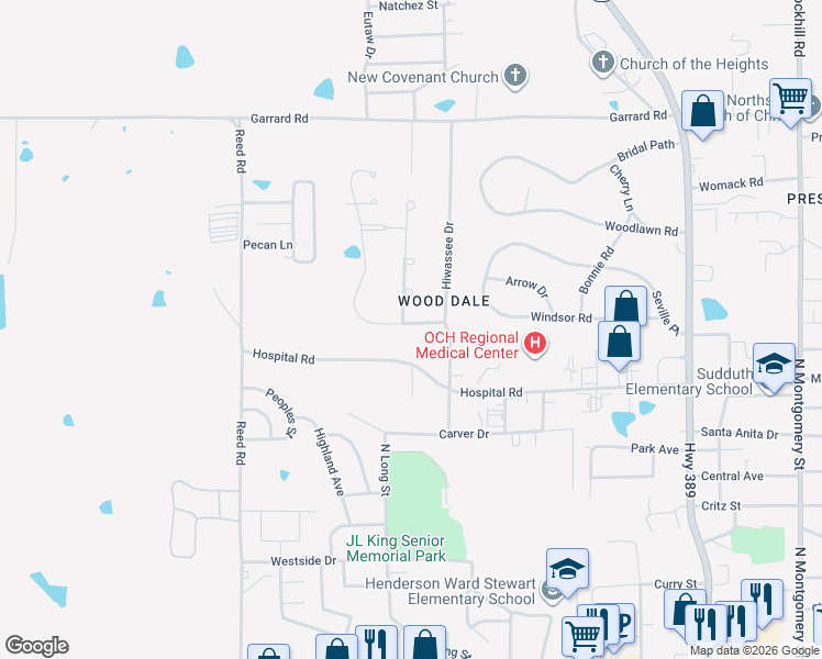 map of restaurants, bars, coffee shops, grocery stores, and more near 105 Cherokee Drive in Starkville