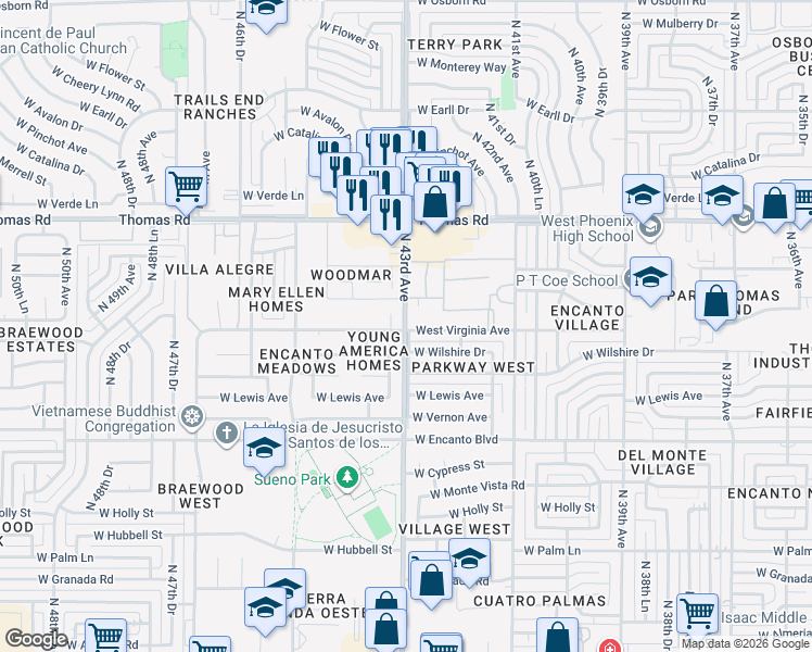 map of restaurants, bars, coffee shops, grocery stores, and more near 2611 North 43rd Avenue in Phoenix