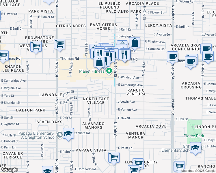 map of restaurants, bars, coffee shops, grocery stores, and more near 2558 North 40th Street in Phoenix