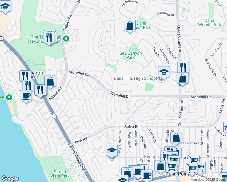 map of restaurants, bars, coffee shops, grocery stores, and more near 27 Tirremia Drive in Dana Point