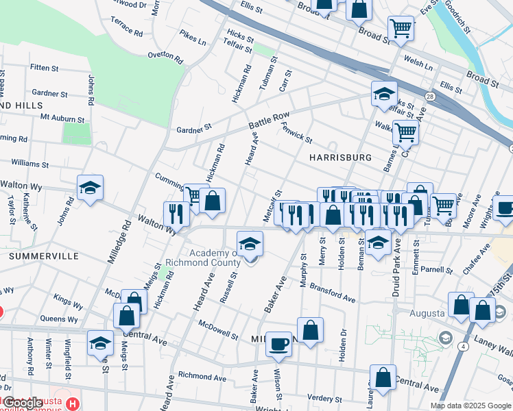 map of restaurants, bars, coffee shops, grocery stores, and more near 808 Russell Street in Augusta
