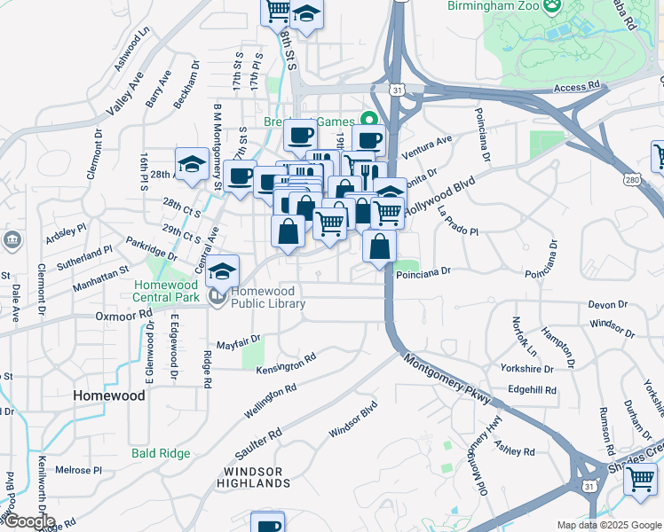map of restaurants, bars, coffee shops, grocery stores, and more near 3014 Firefighter Lane in Birmingham