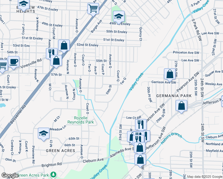 map of restaurants, bars, coffee shops, grocery stores, and more near 5813 Avenue Q in Birmingham