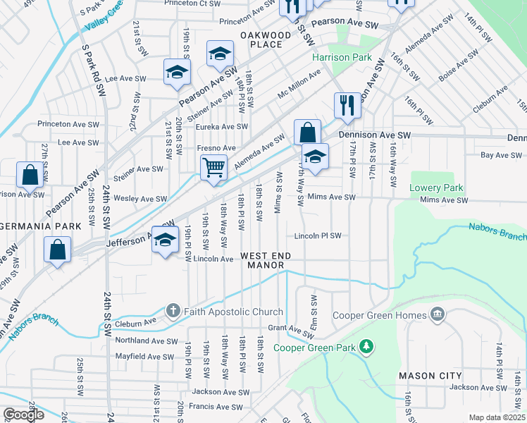 map of restaurants, bars, coffee shops, grocery stores, and more near 1245 18th Street Southwest in Birmingham