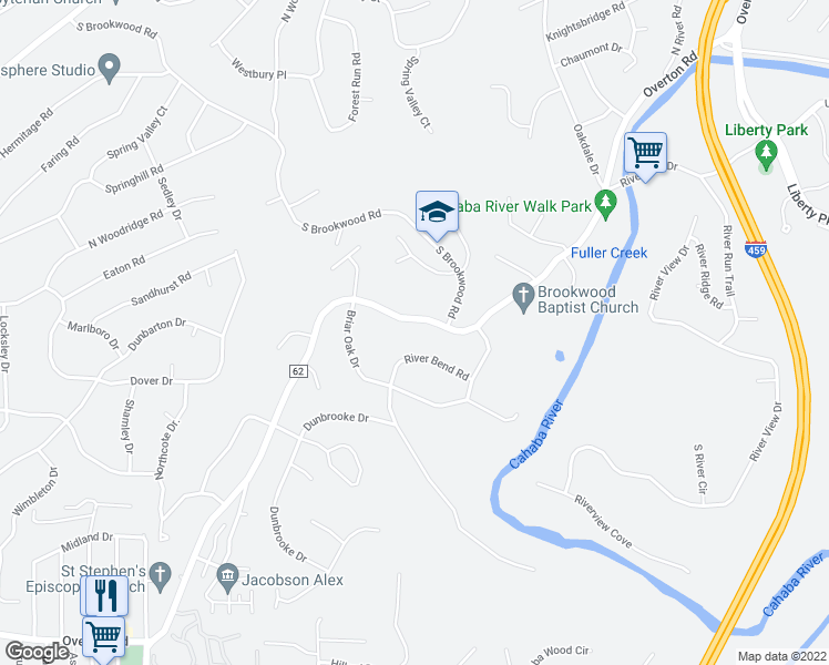map of restaurants, bars, coffee shops, grocery stores, and more near 3421 Overton Road in Birmingham
