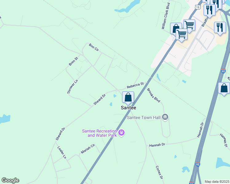map of restaurants, bars, coffee shops, grocery stores, and more near 107 Sheard Dr in Santee