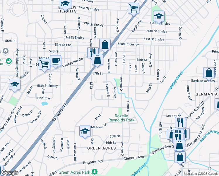 map of restaurants, bars, coffee shops, grocery stores, and more near 5813 Avenue N in Birmingham