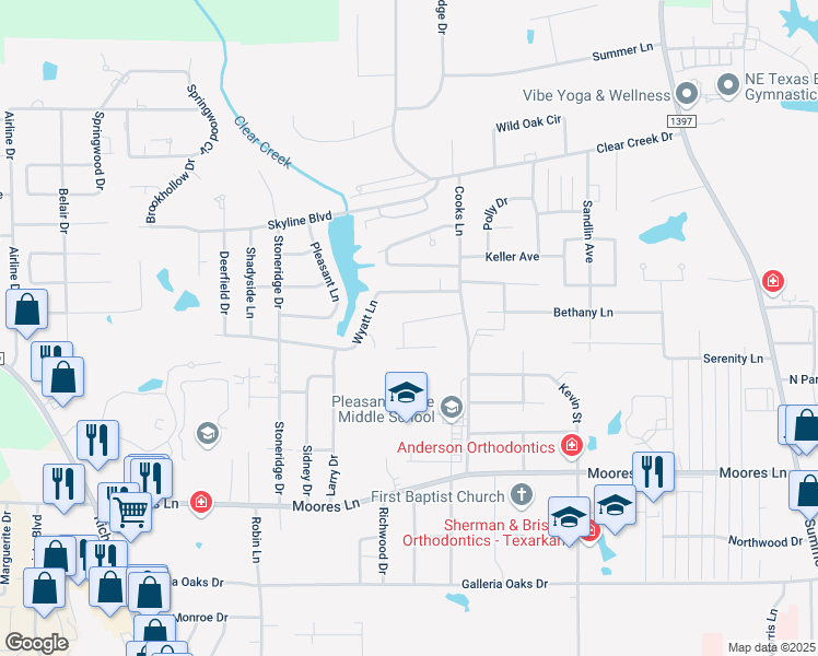 map of restaurants, bars, coffee shops, grocery stores, and more near 3505 Woodridge Drive in Texarkana