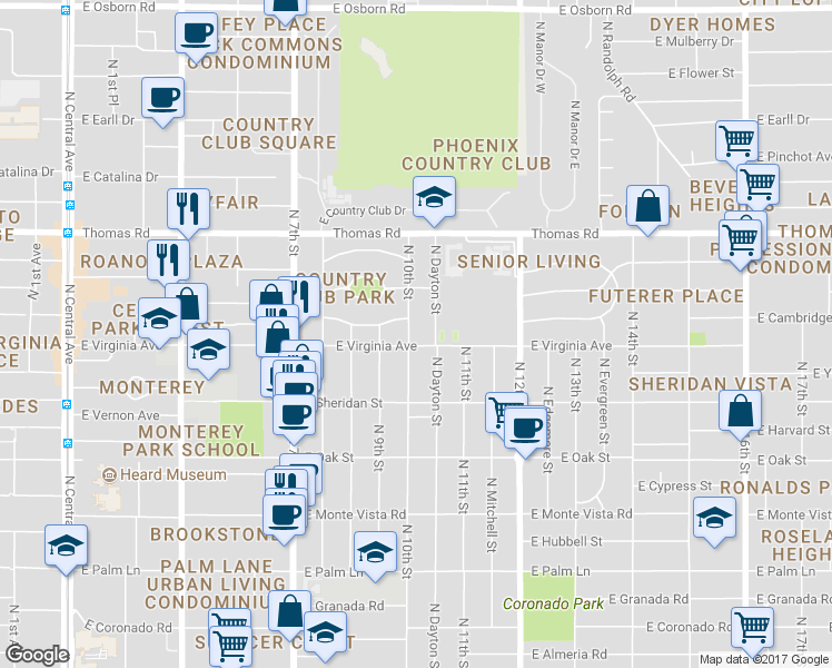 map of restaurants, bars, coffee shops, grocery stores, and more near 2607 North 10th Street in Phoenix