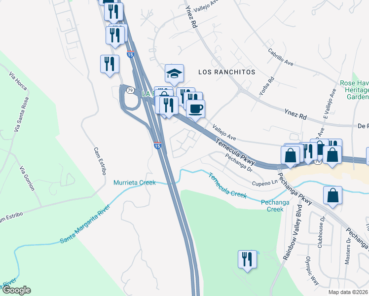 map of restaurants, bars, coffee shops, grocery stores, and more near 44584 La Paz Road in Temecula