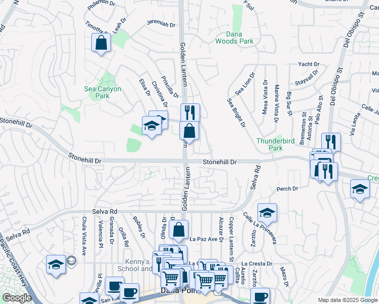 map of restaurants, bars, coffee shops, grocery stores, and more near 33441 Nottingham Way in Dana Point