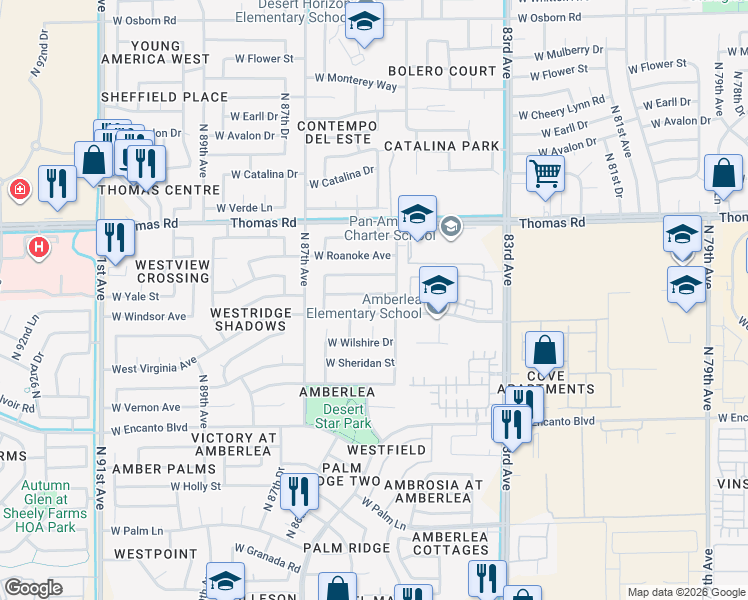 map of restaurants, bars, coffee shops, grocery stores, and more near 8531 West Cambridge Avenue in Phoenix
