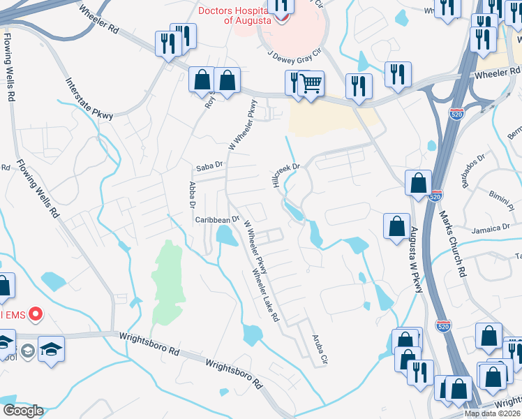 map of restaurants, bars, coffee shops, grocery stores, and more near 5024 Sanctuary Drive in Augusta