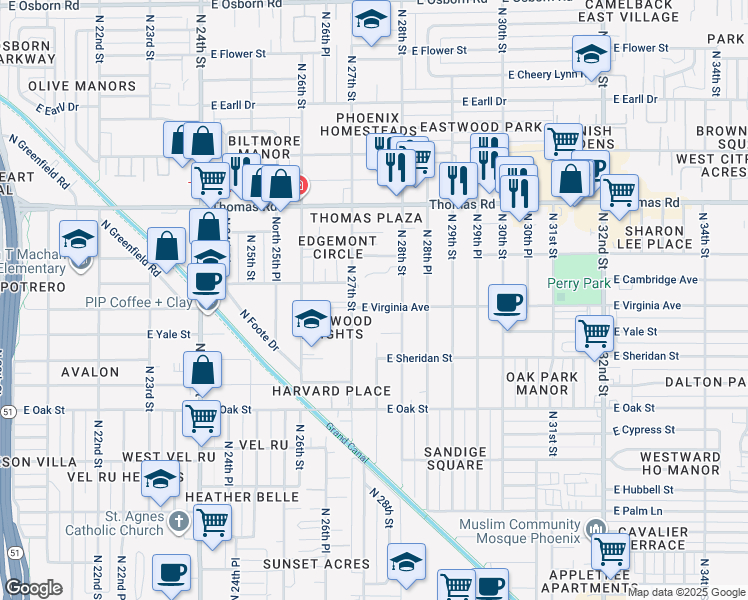 map of restaurants, bars, coffee shops, grocery stores, and more near 2714 East Virginia Avenue in Phoenix