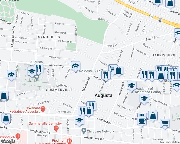 map of restaurants, bars, coffee shops, grocery stores, and more near 898-826 Milledge Road in Augusta