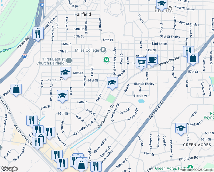 map of restaurants, bars, coffee shops, grocery stores, and more near 6108 Court F in Fairfield